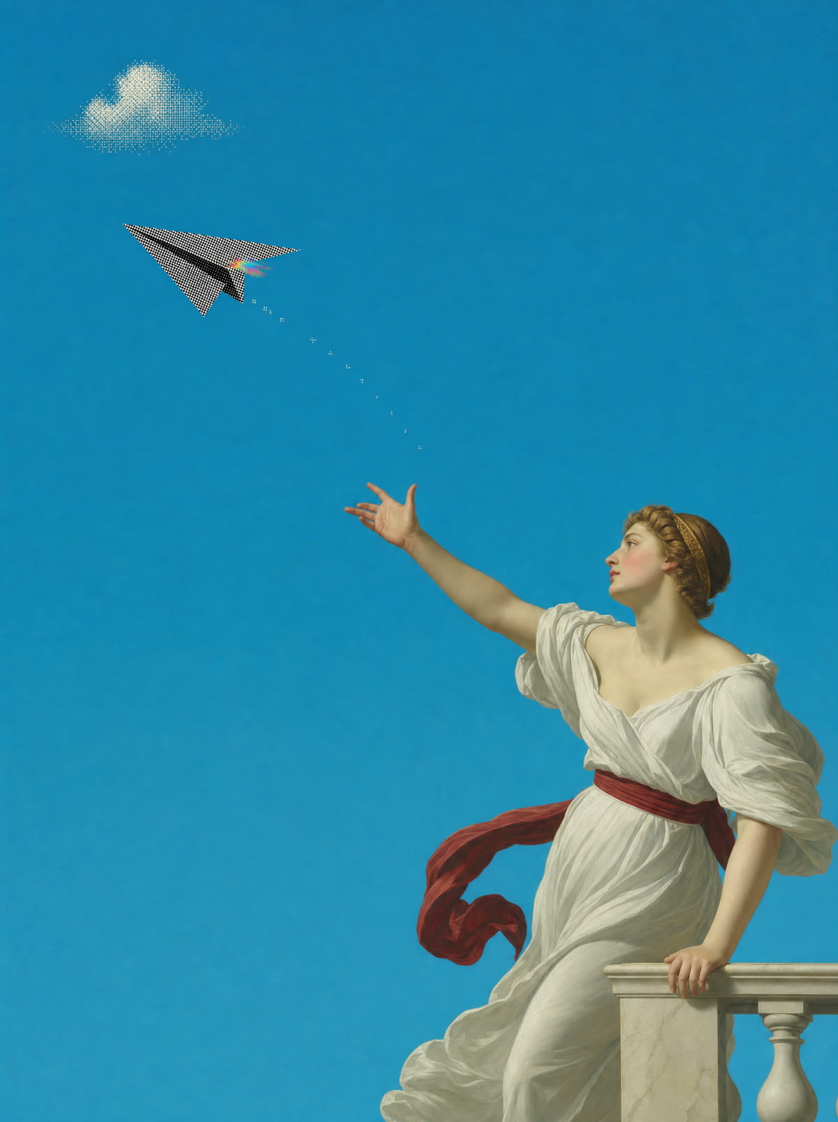 A figure in white drapery at a marble balustrade launching a halftone paper airplane into a cerulean sky