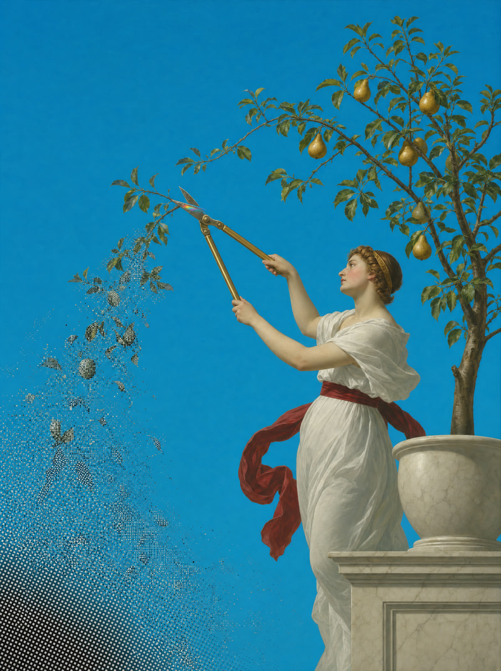 A muse in white drapery pruning a golden pear tree with tall gold shears; the cut branch dissolves into printed dots